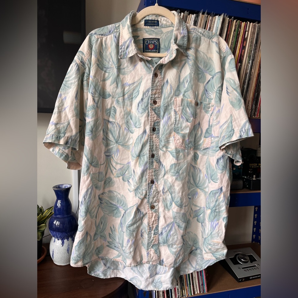 Vintage Ralph Lauren Chaps Pastel Blue/Green Leaf Print Tiki Button-Down Shirt